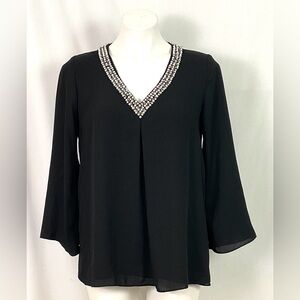 Mercer & Madison Georgette blouse with pearl V-neck collar